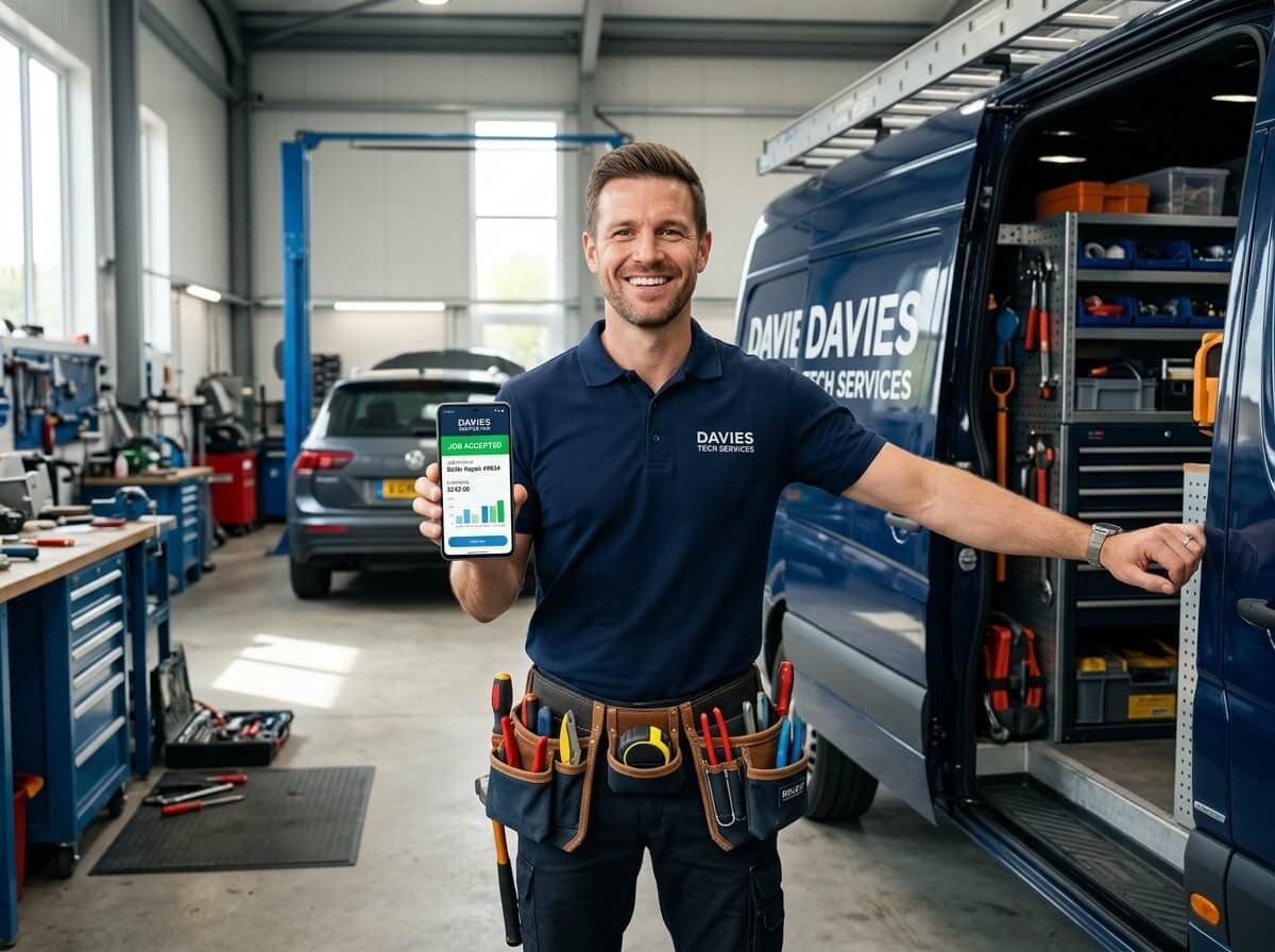 Proud Tasko verified technician partner with smartphone earnings app